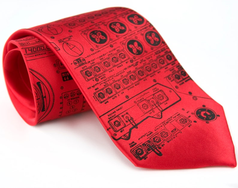Apollo Cockpit men's silk necktie. Rocket science black on red