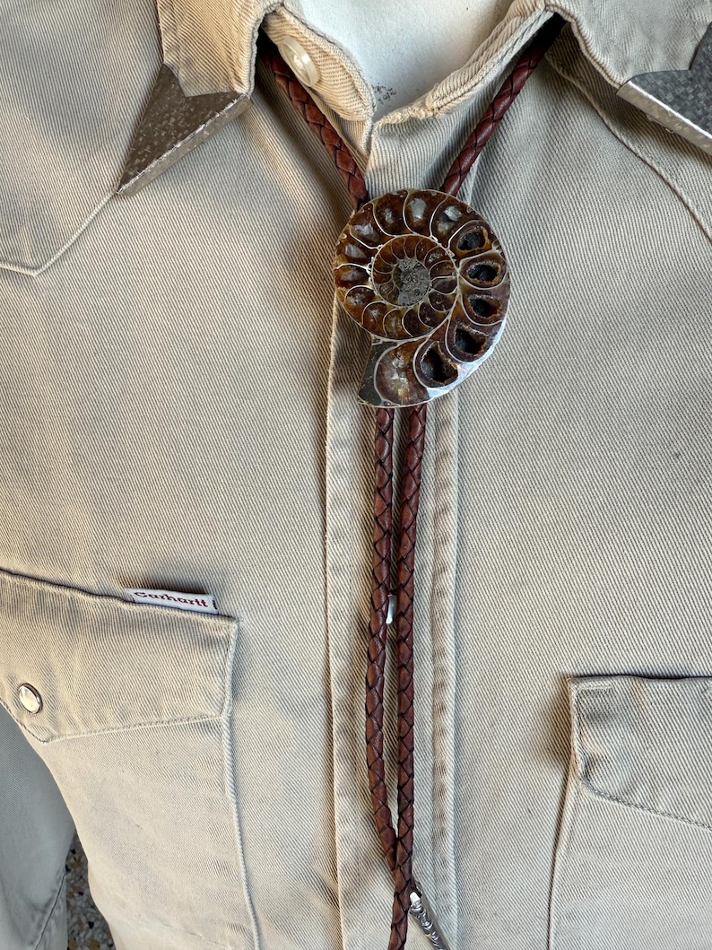 May include: A bolo tie featuring a polished brown ammonite fossil centrepiece mounted on a braided dark brown leather cord. The cord is secured with silver-toned metal tips and is worn over a tan button-down shirt with a Carhartt brand label.