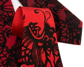Chinese Dragon men's necktie, cut paper lantern motif. Born Year of the Dragon, Chinese Zodiac, 2024 Dragon Year, dragon tie, loves dragons