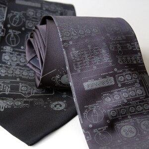 Apollo Cockpit men's silk necktie. Rocket science silkscreened tie. Dove gray print. Your choice of tie colors. dove on charcoal