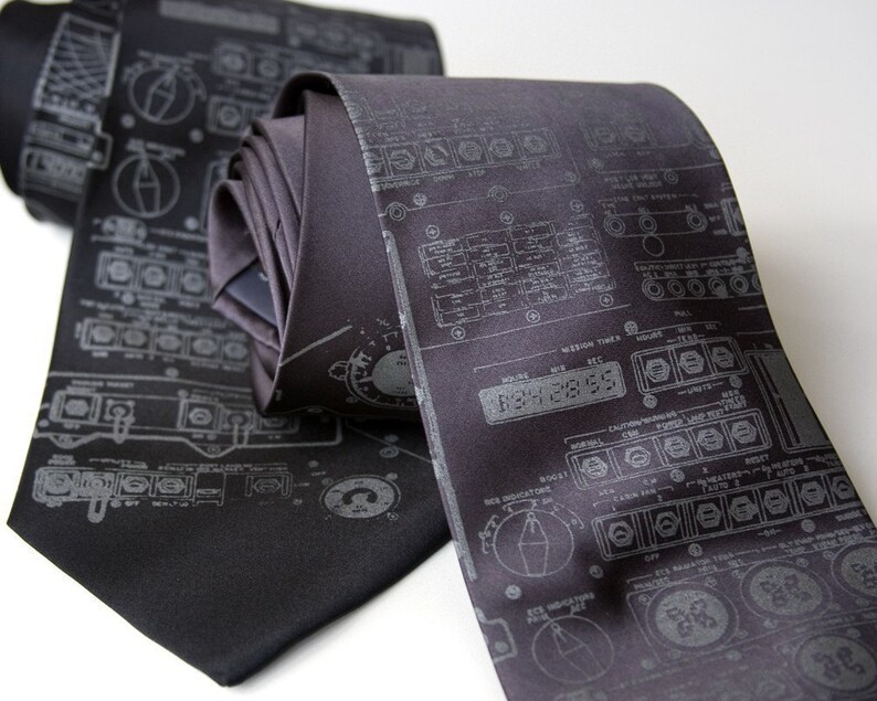 Apollo Cockpit men's silk necktie. Rocket science silkscreened tie. Dove gray print. Your choice of tie colors. dove on charcoal