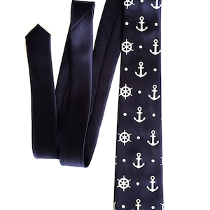 Anchor Necktie. Anchor & Ship's Wheel Blue Nautical Tie. Hand printed men's tie, coastal nautical wedding, seaside wedding. Preppy tie. platinum on navy