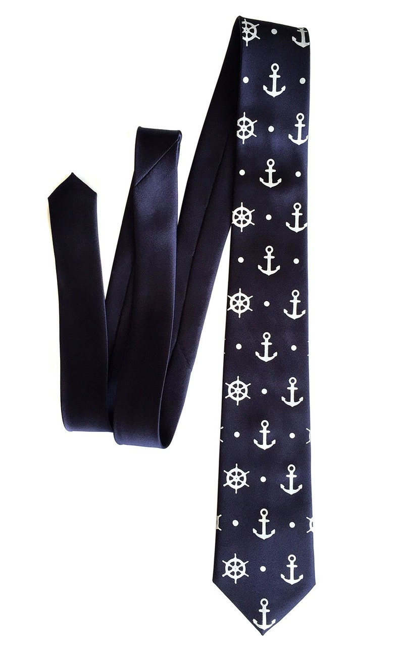 Anchor Necktie. Anchor & Ship's Wheel Blue Nautical Tie. Hand printed men's tie, coastal nautical wedding, seaside wedding. Preppy tie. platinum on navy