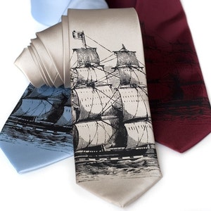 Clipper Ship Necktie. Men's sailing ship, schooner, tall ship tie. Black silkscreen print. Choose standard or narrow size. image 3