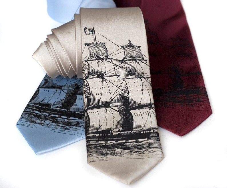 Clipper Ship Necktie. Men's sailing ship, schooner, tall ship tie. Black silkscreen print. Choose standard or narrow size. image 3
