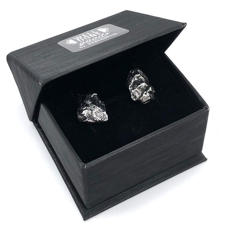 Handmade authentic Campo del Cielo irony meteorite cufflinks with silver hardware in a black presentation gift box, by Detroit's Cyberoptix Tie Lab.
