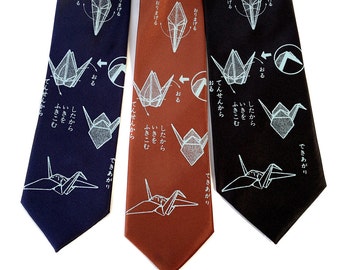 Origami necktie. Paper crane print tie. Men's silkscreen necktie. Gift for paper artist, origami enthusiast, survivor. Good luck gift.