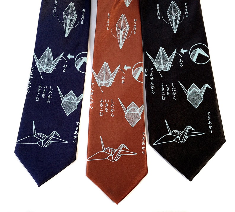 Origami necktie. Paper crane print tie. Men's silkscreen necktie. Gift for paper artist, origami enthusiast, survivor. Good luck gift. image 1