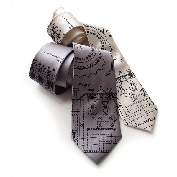 Enigma Machine necktie. Early encryption device men's tie. Cryptography World War II history silkscreen tie. Ultimate geek chic gift.