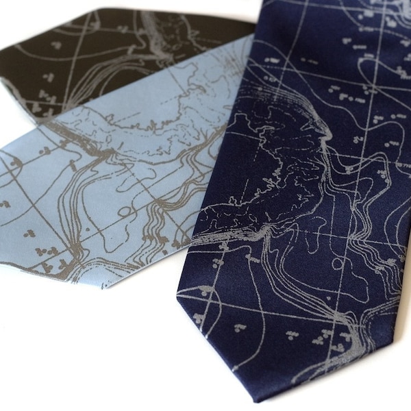 Contour Map Necktie. Scandinavia Topographic map tie, seafloor map, blueprint men's necktie. Engineer, ecology gift. Norway, Sweden, Finland