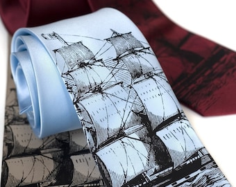 Clipper Ship Necktie. Men's sailing ship, schooner, tall ship tie. Black silkscreen print. Choose standard or narrow size.