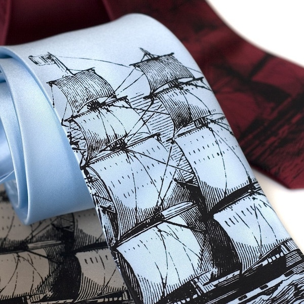 Clipper Ship Necktie. Men's sailing ship, schooner, tall ship tie. Black silkscreen print. Choose standard or narrow size.