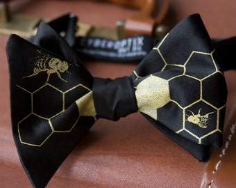 Oh Honey bow tie, self tie. Silkscreened honeybees. Men's black beehive and honeycomb necktie, gold print.