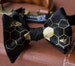 Oh Honey bow tie, self tie. Silkscreened honeybees. Men's black beehive and honeycomb necktie, gold print. 