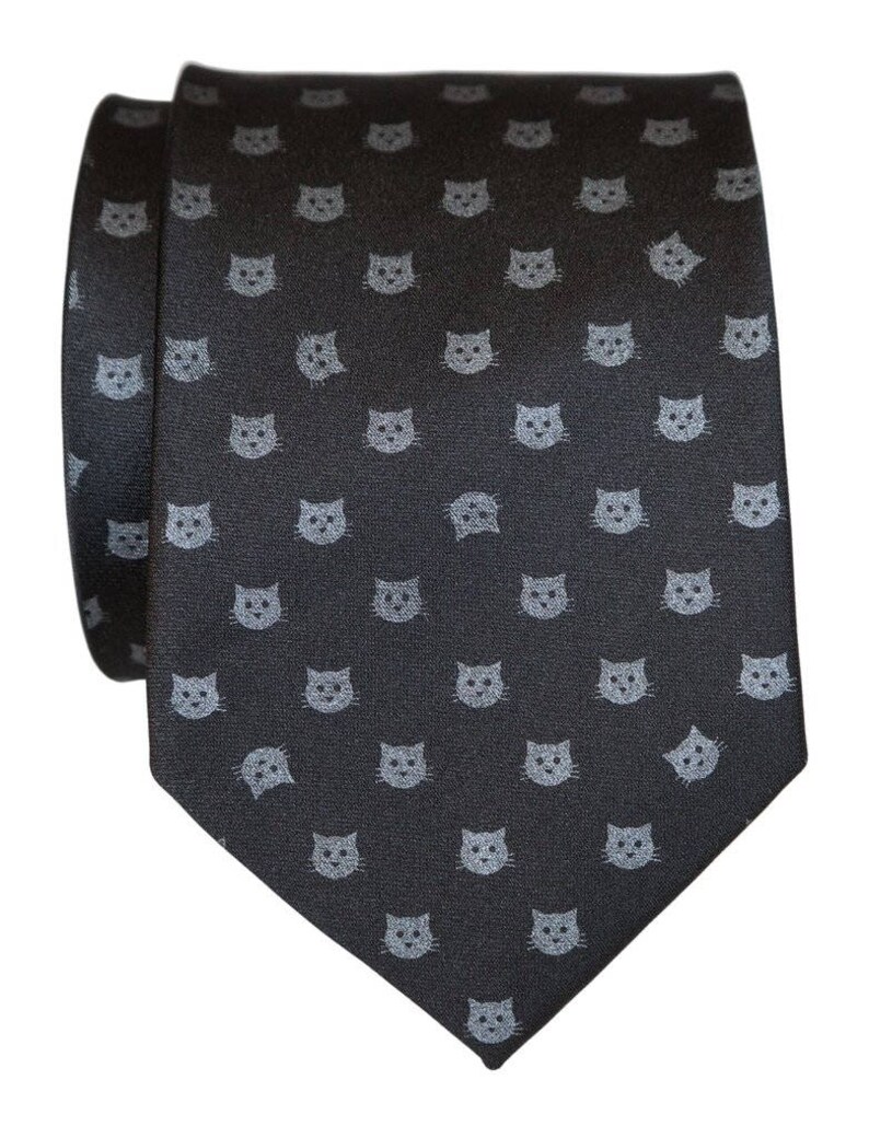 Cat Print Tie, cat dad gift. Polka dot silk tie. Cat lover gift men, Kitten Face tie, pet groomer, gift for vet, veterinarian, cat rescue black pearl on black