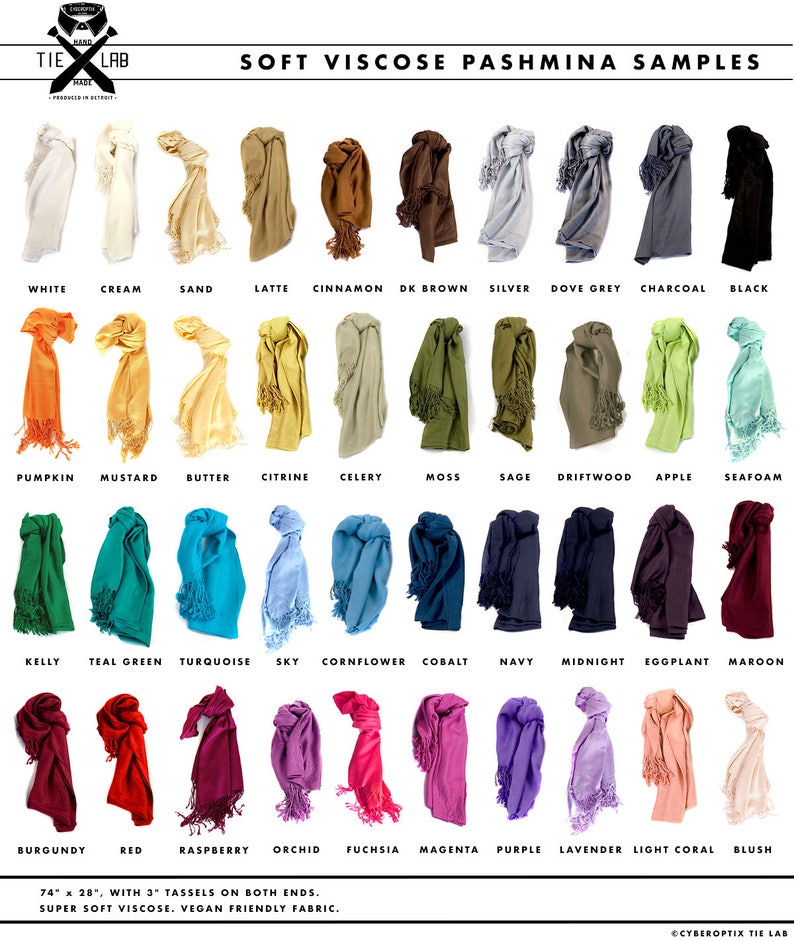 May include: A chart of 24 different colored soft viscose pashmina samples. Each sample is tied in a knot and has tassels on both ends. The colors are labeled with their names, such as white, cream, sand, latte, cinnamon, and more.