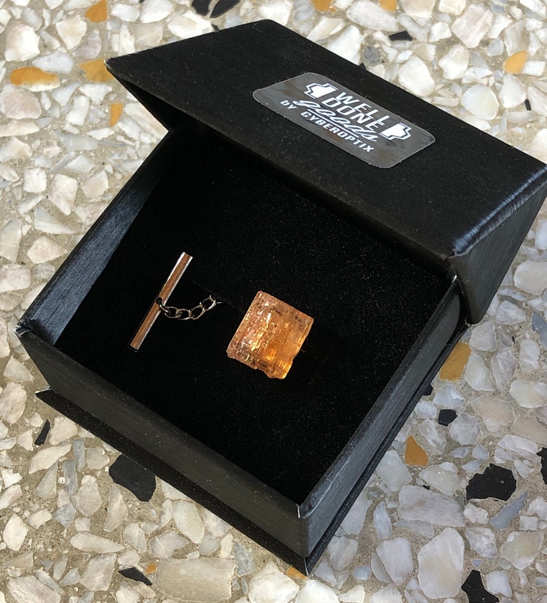 May include: A gold tie tack in a black box with a label that reads "Well Done" by Cyberoptix.