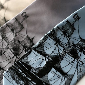 Clipper Ship Necktie. Men's nautical print tie. Pirate, schooner, sailing ship print. Choose narrow or standard width silkscreened necktie. black on sky std