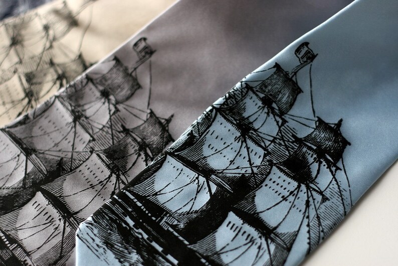 Clipper Ship Necktie. Men's nautical print tie. Pirate, schooner, sailing ship print. Choose narrow or standard width silkscreened necktie. black on sky std