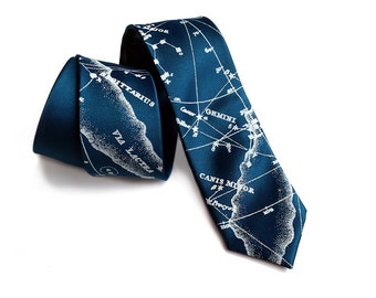 Star chart necktie. Milky Way constellation tie. Men&#39;s celestial tie. Ice blue print on peacock blue & more. Pocket squares available too!