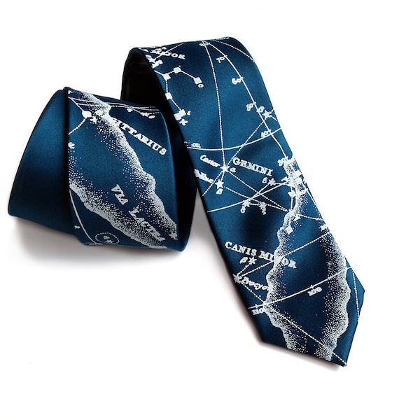 Star chart necktie. Milky Way constellation tie. Men's celestial tie. Ice blue print on peacock blue & more. Pocket squares available too!