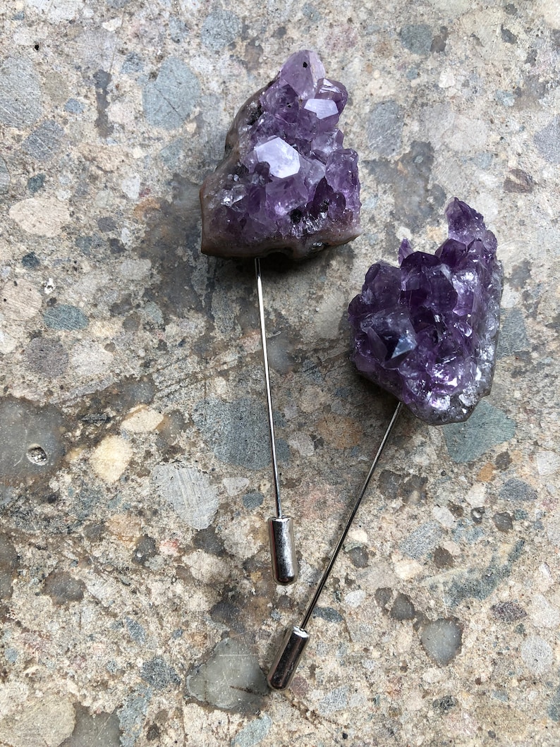 Amethyst Lapel Pin, raw stone stick pin. Boutonniere, stone brooch, hat pin, geode crystal pin, groom wedding lapel pin, rockhound gift men image 6