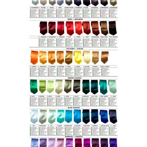 May include: A color chart displaying satin microfiber tie samples in various colors, including pale neutrals, shades of gray, reds, browns, yellows, greens, blues, purples, and pinks. The chart includes the text "SATIN MICROFIBER COLOR SAMPLES".