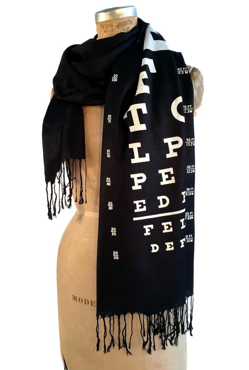 Eye Chart scarf. Hand-printed bamboo pashmina scarf. Optometry, Optometrist gift, optician, eye doctor gift, mom who wears glasses, eye test image 5