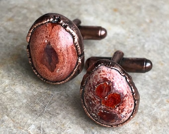 Fire Opal Cufflinks. Electroformed copper cuff links, pink rhyolite. Deep red Mexican jelly opal, October birthday men. Wedding cufflinks