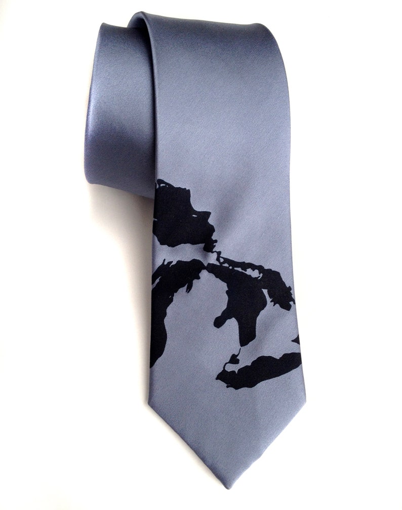 Great Lakes Necktie. Men's map tie. Lake Michigan, Superior, Huron, Erie, Ontario. Michigan wedding, UP, Yooper, Chicago wedding, Milwaukee navy on periwinkle