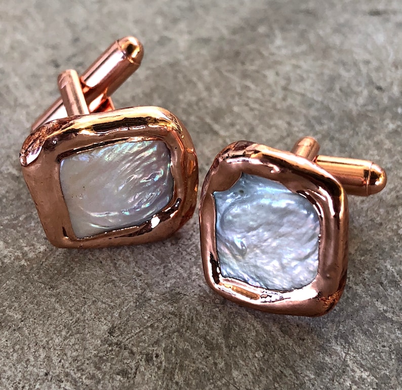 Iridescent White Freshwater Pearl Cufflinks. Copper Bezel, Electroformed Cultured coin pearl cuff links. Cool, unique mens wedding cufflinks image 1