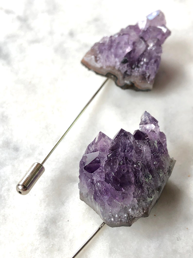 Amethyst Lapel Pin, raw stone stick pin. Boutonniere, stone brooch, hat pin, geode crystal pin, groom wedding lapel pin, rockhound gift men image 5