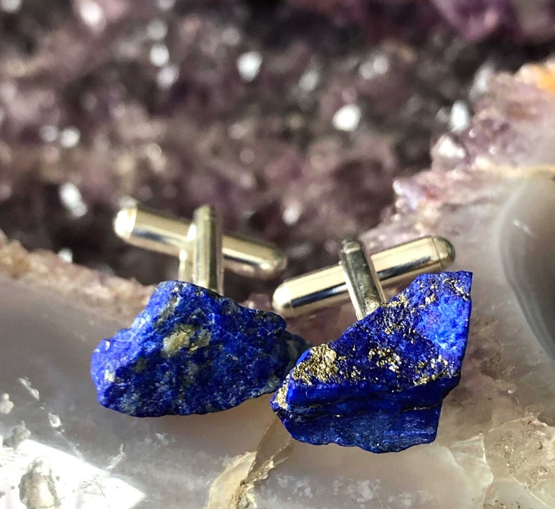 Lapis Cufflinks. Natural raw stone, rough gemstone cufflinks. 9th Anniversary, something blue, wedding cufflinks. Husband gift, gift for dad zdjęcie 2