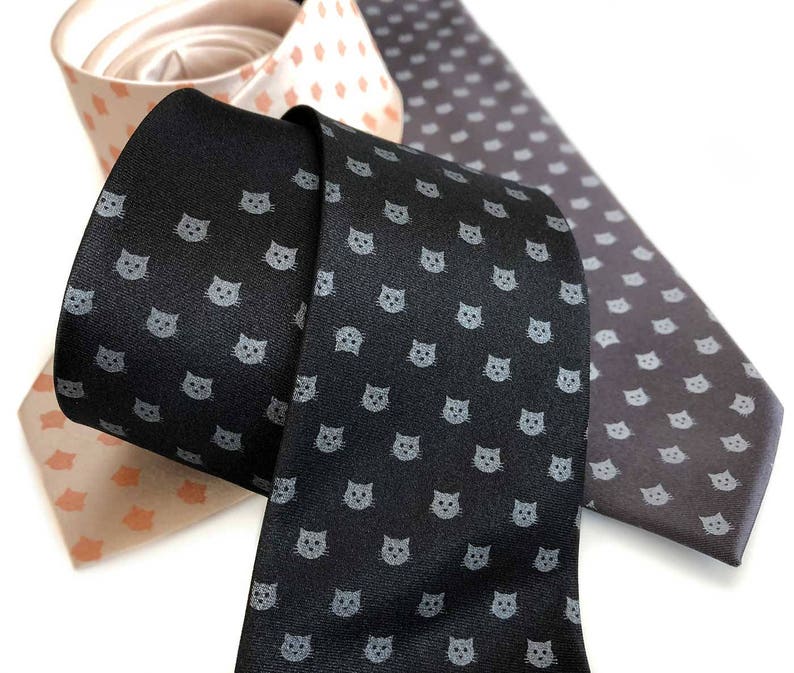 Cat Print Tie, cat dad gift. Polka dot silk tie. Cat lover gift men, Kitten Face tie, pet groomer, gift for vet, veterinarian, cat rescue image 1