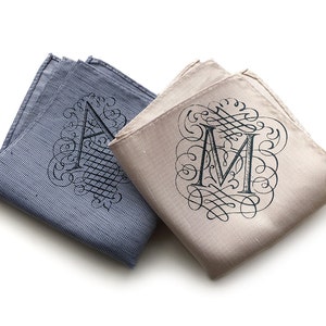 Linen pocket square. Custom initial, blue pocket square & more. Filigree letter A-Z. Personalized silk pocket square. Wedding parent gift
