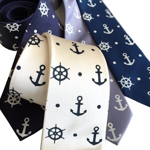 Anchor Necktie. Anchor & Ship's Wheel Blue Nautical Tie. Hand printed men's tie, coastal nautical wedding, seaside wedding. Preppy tie. image 2