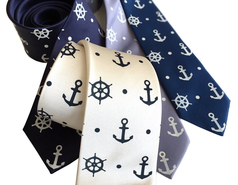 Anchor Necktie. Anchor & Ship's Wheel Blue Nautical Tie. Hand printed men's tie, coastal nautical wedding, seaside wedding. Preppy tie. image 2