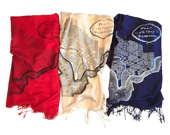 Map Print Scarf. Washington DC and Georgetown 1791 L'Enfant Plan. Silkscreened linen weave pashmina; patriotic colors!