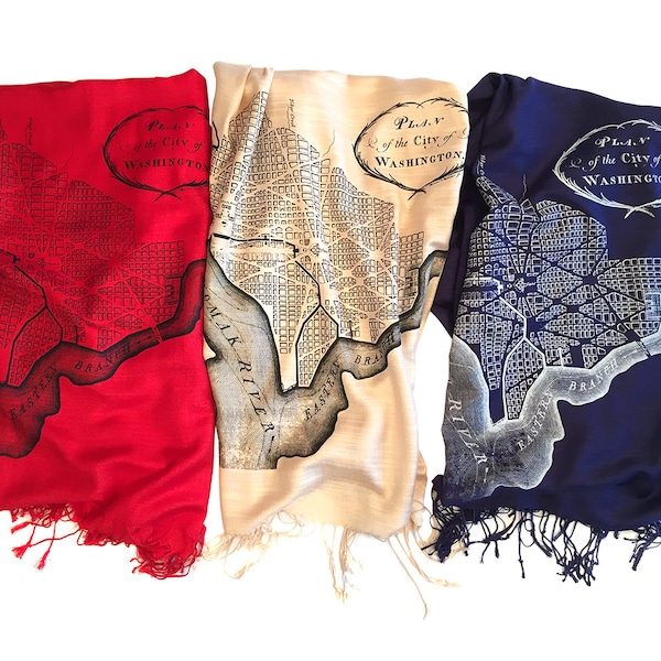 Map Print Scarf. Washington DC and Georgetown 1791 L'Enfant Plan. Silkscreened linen weave pashmina; patriotic colors!