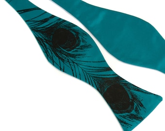 Peacock feather bow tie. Teal & black men's self tie bow tie. Peacock wedding bow tie, prom, wedding bow ties for men, self tie bow tie blue