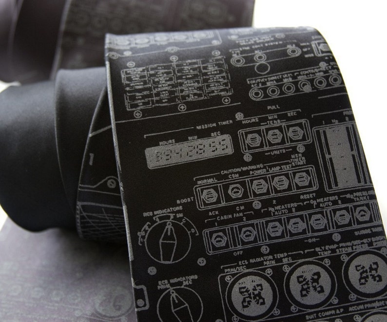 Apollo Cockpit men's silk necktie. Rocket science dove on black