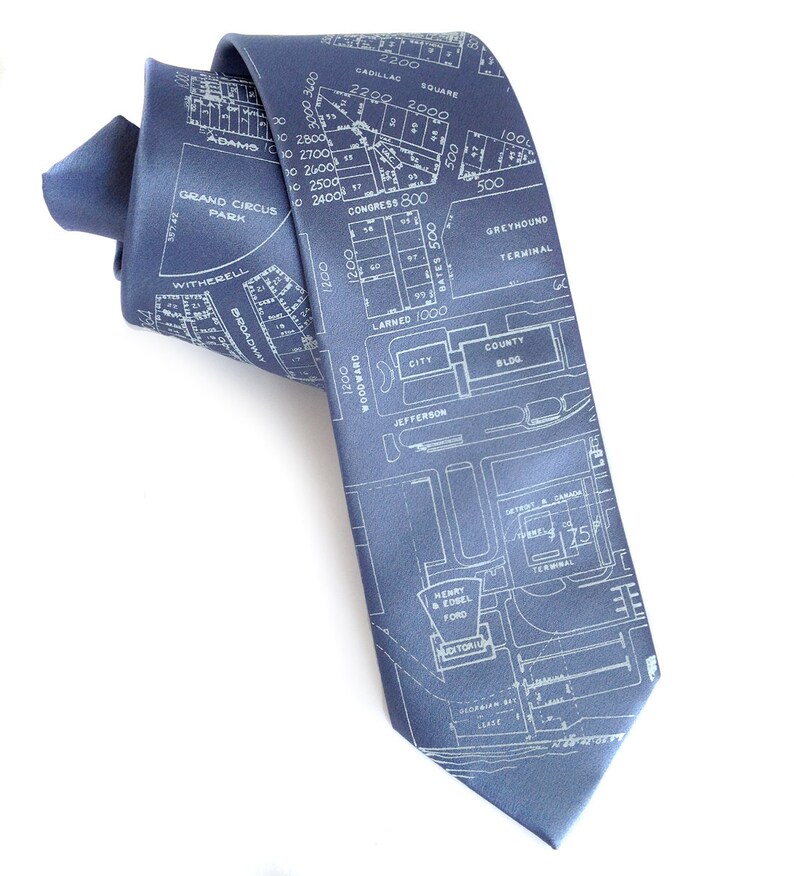 Detroit Map Necktie. Shop local, ships from Detroit. Campus Martius & Woodward Silk tie. Made in Michigan. image 2