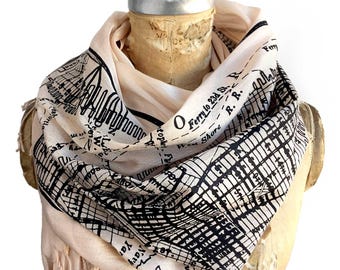 New York City Map Scarf. Vintage NYC map fringed scarf. Gift for New Yorker. Manhattan, Brooklyn, Jersey City. Warm winter pashmina