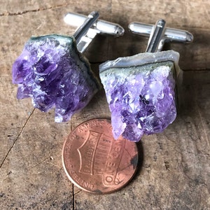 Amethyst Crystal Cufflinks. Amethyst Geode Slices, raw stone cufflinks, purple wedding cufflinks. February birthday gift for him, husband Regular