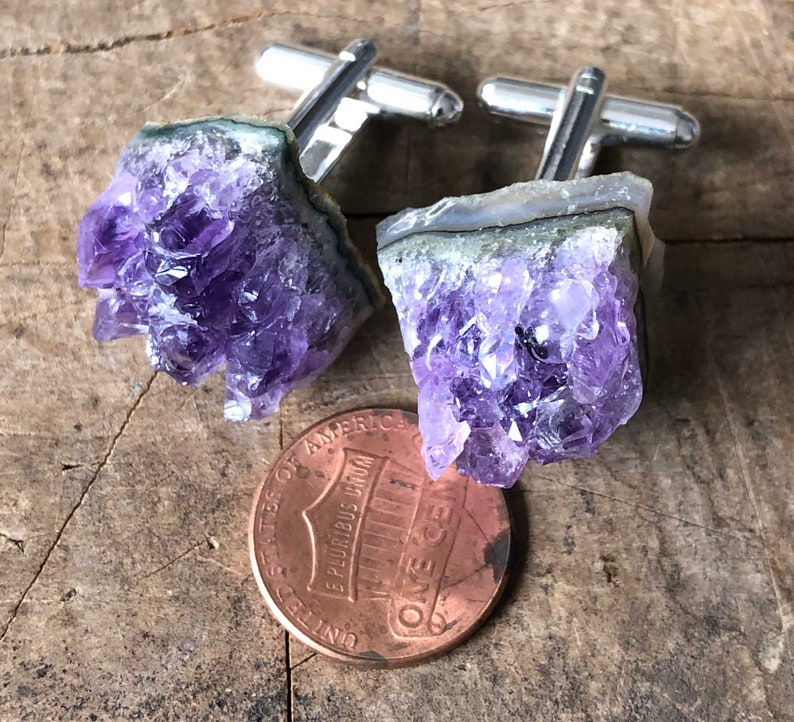 Amethyst Crystal Cufflinks. Amethyst Geode Slices, raw stone cufflinks, purple wedding cufflinks. February birthday gift for him, husband Regular