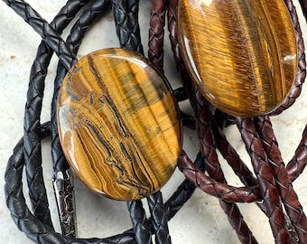 Golden Tiger's Eye Bolo Tie. Large Polished Oval Western Style Bola, Leather Neckwear for Men or Women, Texas Black Tie, Southwest Formal