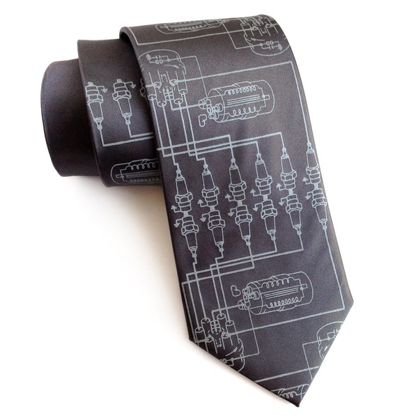 Spark Plug Necktie. V6 Distributor Assembly men's tie. Detroit automotive history. Auto enthusiast gift, car guy gift. Your choice of colors