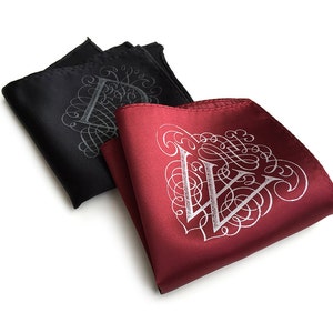 Custom initial pocket square, gift for him. Filigree letter monogram, personalized single letter mens wedding handkerchief. Choose A-Z image 1