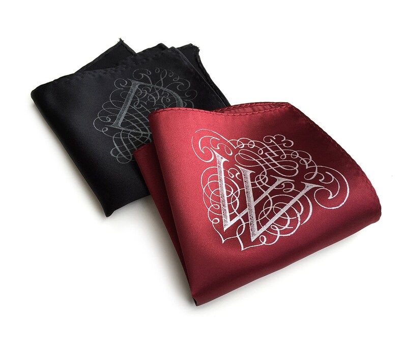 Custom initial pocket square, gift for him. Filigree letter monogram, personalized single letter mens wedding handkerchief. Choose A-Z image 1