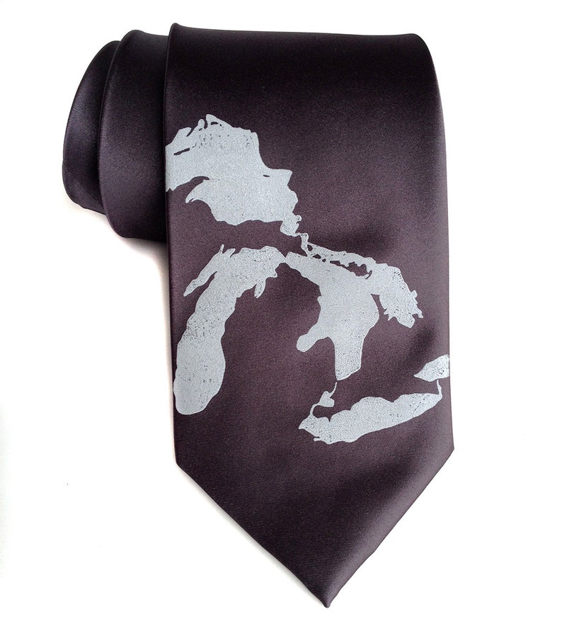 Great Lakes Necktie. Men's map tie. Lake Michigan, Superior, Huron, Erie, Ontario. Michigan wedding, UP, Yooper, Chicago wedding, Milwaukee palegray on charcoal